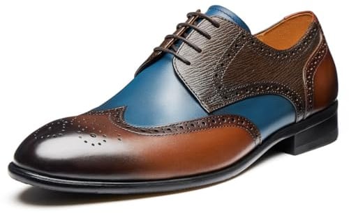Jepsen Gord Men's Dress Shoes Wingtip Genuine Cowhide Leather Oxfords with Brogue Formal Derby Shoes for Wedding, Business, Casual, Brown Blue, 13