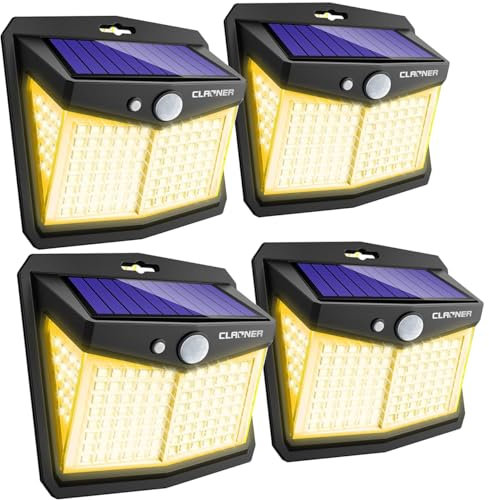 CLAONER Solar Powered Lights Outdoor, Upgraded Wireless 270° IP65 Solar Motion Sensor Security/Wall Light for Front Door, Yard, Garage, Garden, Warm White (4 Pack)