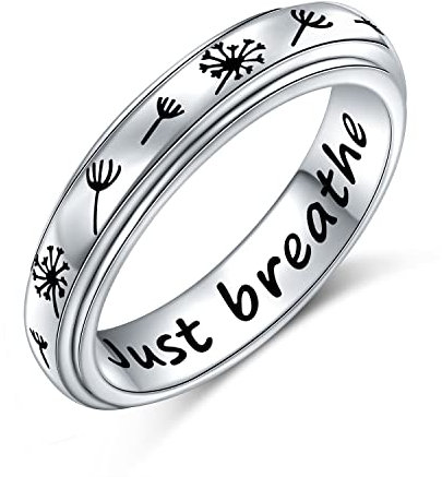 Flyow Weihnachtsgeschenke Just Breathe Spinner Ring für Damen Mädchen 925 Sterling Silber Löwenzahn Fidget Ringe für Angst Stress Relieving ADHD Autismus Ringe Inspirational Boho Band Ring 59 (18,9)