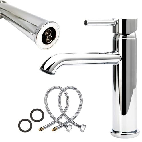 MAKA Rubinetto Lavabo Bagno in Acciaio Inox Cromato Collo Alto Miscelatore Lavello Monocomando Lavandino Moderno ad Alta Pressione Kit Montaggio Guarnizioni e Tubi (Collo Alto)