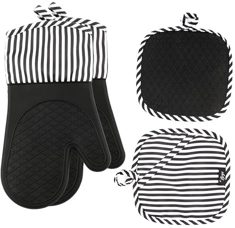 BEZEE Silicone Oven Gloves with Mitts Set of 4 Heat Resistant Gloves for Cooking Non-Slip Pot Holders for Kitchen Premium Stove Mitt – Black