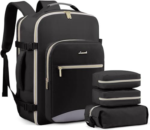 LOVEVOOK Handgepäck Rucksack, 45L Groß Reiserucksack Damen Flugzeug Koffer Travel Backpack, Wasserdicht Reisetasche mit 18 Zoll Laptopfach für Reise Business Geschäftsreise Weekend Wandern Schwarz