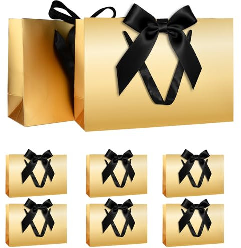 Gift Bags Set, Gold Gift Bag with Ribbon Gift Bag with Handles 8pcs 30x20x10cm Gift Bags for Christmas Birthday Wedding Anniversary
