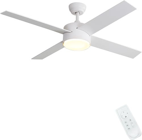 FINXIN Ceiling Fan with Lamp, White/Black Ceiling Fans for Bedroom,Living Room,Dining Room Including Motor,Blades,Remote Switch (52 White 4-Blades)