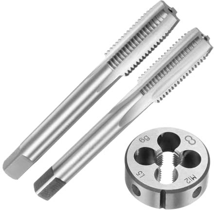 QUARKZMAN Set di 3pz Maschi e Filiera Metrici a Mano, M12 x 1.5 Maschi con Filettatura Conica/Tappo e Filiere Rotondo, Kit di Attrezzi Filettatura a Mano per Riparazione Filetti