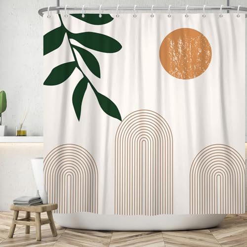 ASDCXZ Boho Duschvorhang 180x180 cm, Modern Abstrakt Kunst Orange Sonne Grün Blätter Braun Linie Beige Bad Waschbar Duschvorhänge Polyester Textil Wasserdicht Duschvorhang für Badewanne mit 12 Haken