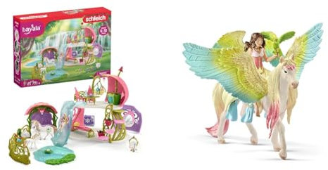 SCHLEICH 42445 BAYALA Glitzerndes Blütenhaus mit Einhörnern & BAYALA 70566 Fee Surah und Einhorn Glitzer Pegasus 3-TLG Spielset