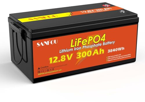 SANFOU Batterie LiFePO4 12V 300Ah, 3840Wh avec BMS 200A,5000 à 15000 Cycles Profonds, Prise en charge 4S4P, Parfaite comme source d'alimentation pour Camping-cars et Camping