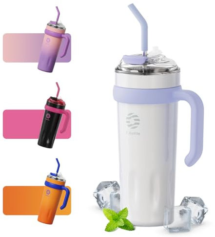 Fjbottle Gobelet Thermique avec Poignée et Paille 1200ML, Bouteille d'Eau Isolée en Acier Inoxydable sans BPA gobelet de voyage pour voiture, bouteille en inox pour les déplacement/travail
