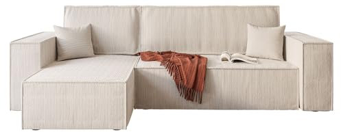 lukmebel - Eck-Sofa mit Schlaffunktion und Bettkasten - Schlafcouch Schlafsofa aus weichem Stoff - Eckcouch Schlafsofa L-Typ Carlos, 244x83x142 cm Grau - Ottomane: 70 cm (Poso 100 - Elfenbeinfarben)