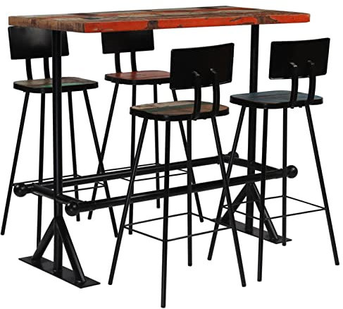 LAPOOH Bar-Set 5-TLG Bartisch Mit Barhocker Set, Hochtisch Mit Stühlen Set, Esstisch Mit Stühlen, Küchentheke Mit Hocker, Altholz Massiv Mehrfarbig