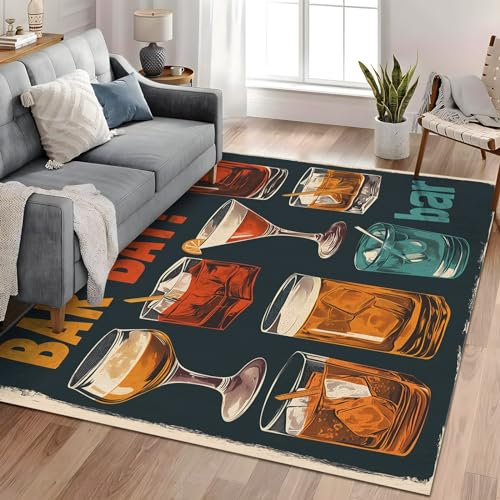 Waschbarer Vintage-Posterleiste Kurzflor Teppich - Weicher, Rutschfester Teppich für Wohnzimmer, Schlafzimmer - Flauschiger, Handgemalter Whiskey und Cocktails Teppiche Gegend, 120cm x 180cm