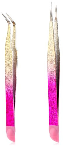 2Pcs Double Ended Stainless Steel Tweezers with Silicone Pressing Head for Eyelash Extensions and Nail Art Sticker Craft Rhinestone Stickers Jewel Gem Picker
