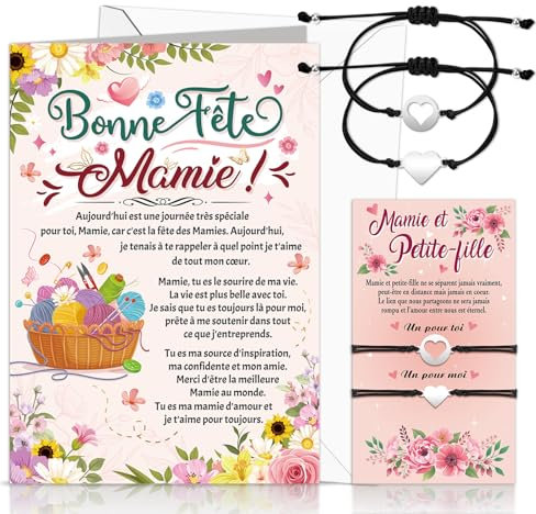 DPKOW Idee Cadeau Mamie Petite-Fille Bracelets Cartes avec Enveloppe Fête des Grand-Mère Cadeau, Bonne Fête Mamie Carte de Vœux Bracelets Mamie Petite Filles Fête des Grand Mère Bracelets
