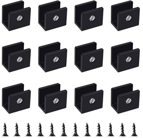 UFURMATE 12PCS Adjustable Square Glass Shelf Brackets Aluminum Alloy Glass Clamp Clips Wall Mounted Black Glass Holder Supports Mounting Brace for 6-8mm Thick Glass Shelves
