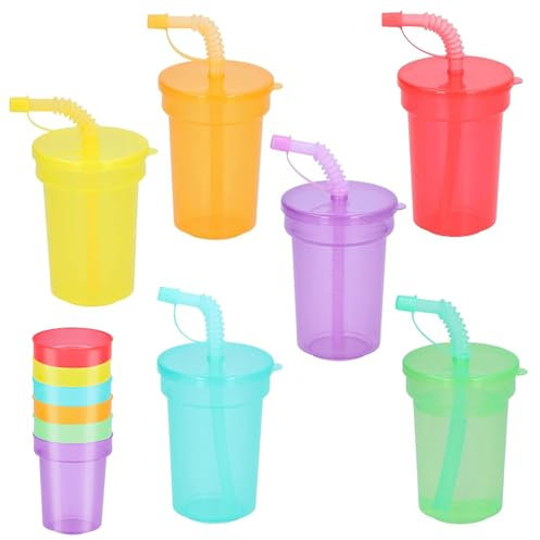 6 Pcs 380ml Kids Plastic Drinking Tumbler Cups, Neon Sipper Cups with Lids & Straw, BPA Free Reusable Childrens Plastic Cups, Iced Water Drinking Cups, Smoothie Cup Travel Mugs for Travel Trip School