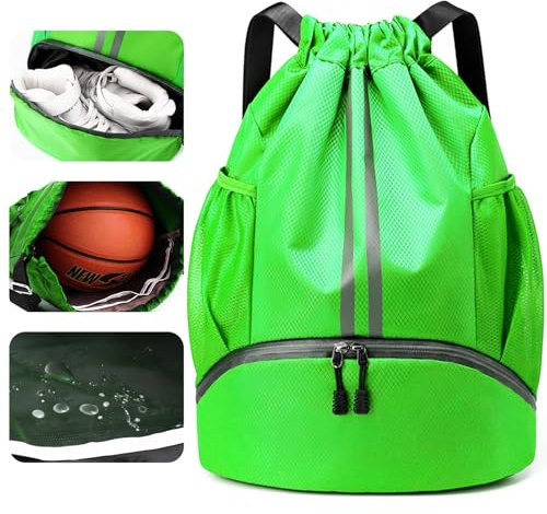 Veki Sport Rucksack mit Kordelzug, Turnbeutel Wasserdicht für Damen und Herren, Sportbeutel mit Bodenfach für Basketball, Fußball, Volleyball, Gymsack für Reisen, Fitnessstudio, Schwimmen (Grün)