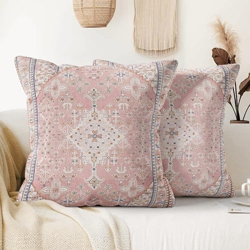 XPHZZL Pack of 2 Bohemian Style Linen Decorative Cushion Covers 50x50 cm Square Throw Pillow Covers 20x20 Inch Boho Style Pillowcases for Outdoor Home Decor Sofa Bedroom Car - Pink
