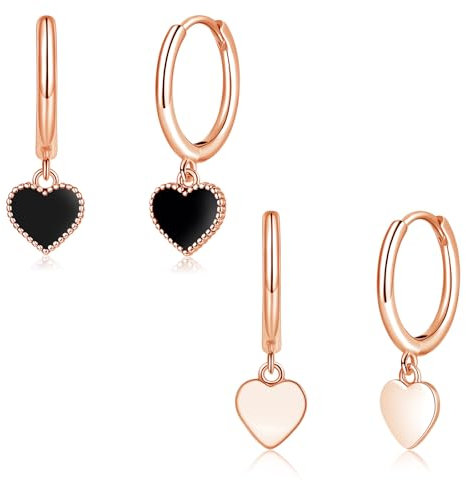 Cangall Ohrringe Creolen mit Herz Anhänger, 2 Paare Rose Gold Huggie Kleine Kreolen Ohrringe-Hängend Set, Hypoallergen Leichte Kleine Schlafen Ohrhänger Ohrschmuck Geschenk für Damen Mädchen