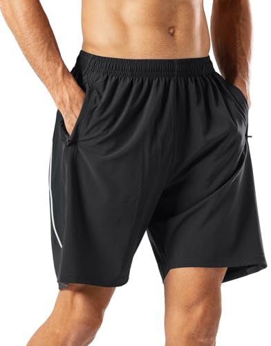 HMIYA Herren Sport Shorts Schnell Trocknend Kurze Hose mit Reißverschlusstasch,Schwarz(Reflexstreifen),L