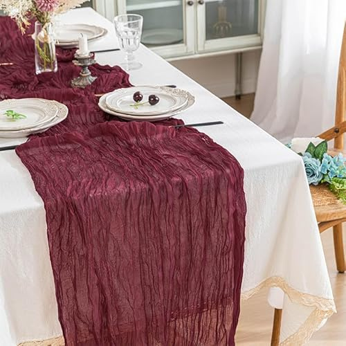 Boriad 2 Stück Mode Boho Gaze Käsetuch Tischläufer Rustikaler Durchsichtiger Läufer,Tischdecke für Hochzeit， Dekoration, Geburtstagsparty, 90 x 300 cm,Rotwein
