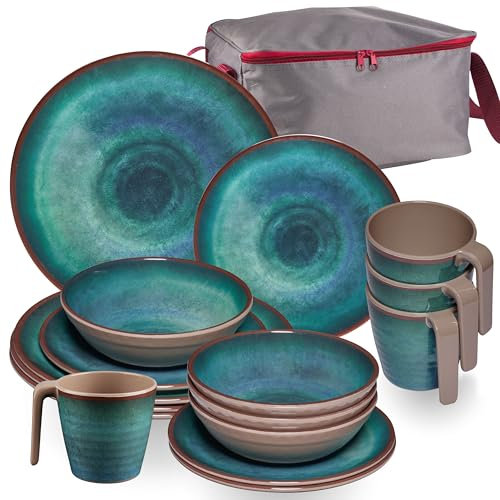 Jesolo Vaisselle en mélamine verte pour 4 personnes – 17 pièces – avec tasses et sac de rangement aspect faïence passe au lave-vaisselle – Vaisselle de camping pour caravane et camping