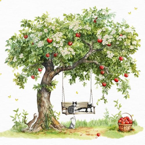 ti-flair Servietten Papier 33x33cm 3-lagig 20 Stück - hochwertig & nachhaltig - Einweg Papierservietten für Feier Hochzeit Geburtstag Sommer Party - Apfelbaum Katzen Landhaus Vintage Natur