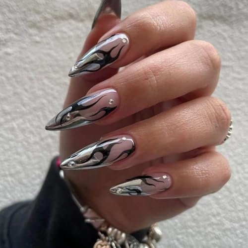 MouyouGlow Press on Nails Lang,Stiletto Nude Silber French Feuer Striped Crystal Fake Nails mit Nagelkleber,Silver Tips Strass Flamme Künstliche Fingernägel