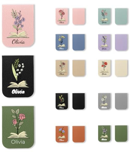 FIDWALL 3er-Set personalisiertes Magnet Lesezeichen – PU Leder Lesezeichen magnetisch mit Name & Geburtsblume bedruckt – Magnetische Lesezeichen für Frauen, Männer & Bücherliebhaber
