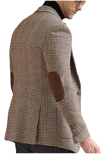 VENNYNG Men's Pinstripe Tweed Blazer Academic Style Suit Jacket with Elbow Patches Plaid Sport Dress Coat Single Breasted XL