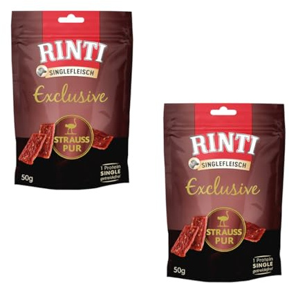Rinti Singlefleisch Exclusive Strauß pur | Doppelpack | 2 x 50 g | Belohnungssnack für ausgewachsene Hunde | Für empfindliche Hunde bei Allergien oder Unverträglichkeiten | Leicht verdaulich