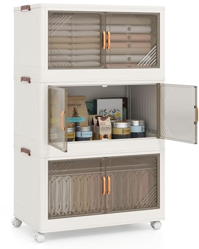 GOPLUS Caja de Almacenamiento Plegable con Tapa 159/212/265 L, Organizador Apilable con 4 Ruedas Universales y Puertas Transparentes, Armario de PP para Almacenaje y Exhibición (3 cajas / 213L)