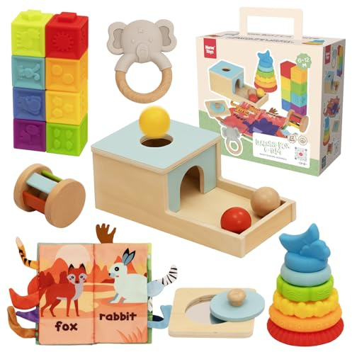 Nene Toys Montessori Baby Spielzeug ab 6 Monate – Holz Lernspielzeug für Babys – Objektpermanenz Box, Stapelturm, Spiegel Puzzle, Stoffbuch, Beißring, Rassel & 8 Sensorik Blöcke – Geschenk 6-12 Monate