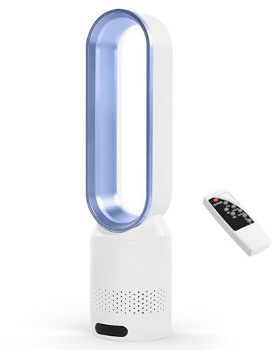 Eznaobo Tower Fans with Air Purifier, 2 in1Bladeless Fan with Remote Control, 8 Speeds, 90° Oscillation, Timer, Standing Tower Fan, Super Quiet Air Cooler for Home and Office (Blue)