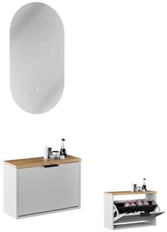 Planetmöbel Schuhschrank schmal, ovaler Spiegel mit Beleuchtung | (2 Lichtstufen), Schuhkommode mit 1 Klappe Schuhregal mit 2 Ablagen, Garderobe Set, 60 x 23 x 42,5 cm, weiß grau