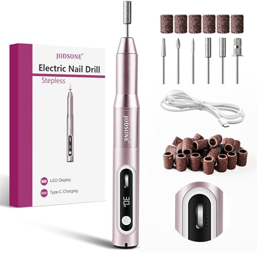 JODSONE Fresa per Unghie Professionale, 30000 RPM a bassa rumorosità con 6 punte di ricambio, strumenti per manicure e pedicure per uso domestico e salone di bellezza