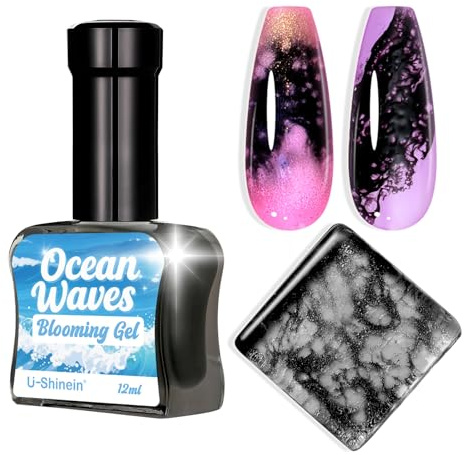 U-Shinein Blooming Gel Nail Polish, Marble Effect Nail Polish, Black Watercolor Ink Wave Nail Gel with Magical Diffusion Effect for Creating Lace Pattern Nail Art Soak of UV/LED 12ml