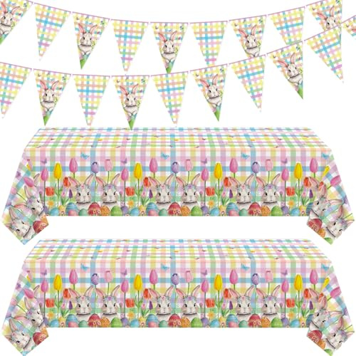 4er-Pack Ostertischdecke und Banner Partydekoration Ostern Party Tischdecke Regenbogen Karo Hase Tischdecke Frühlingsblumen Hase Büffel Tischdecke