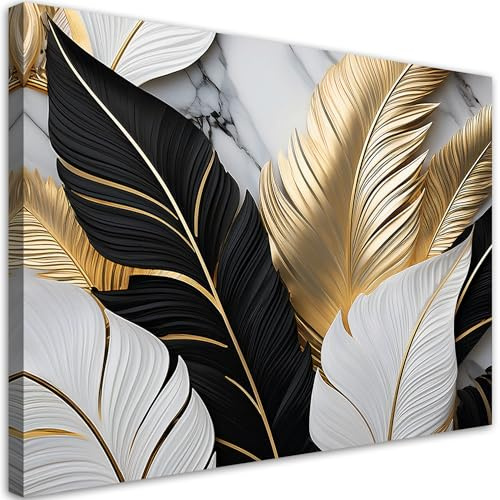 Feeby - Leinwand Bilder - Goldene Blätter Marmor - 100x70 cm - Deko Wohnzimmer - Wandbilder Schlafzimmer - Deko Aesthetic - Wand Deko - Leinwand Groß - Deko Zimmer - Leinwandbilder XXL