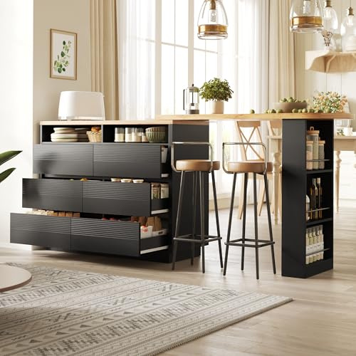 Ligterra Mesa de bar extensible, mesa de bar con espacio de almacenamiento, mesa alta isla de cocina, mesa portátil con seis cajones, para cocina, salón, comedor, 137-215 × 39 × 102.3 cm (negro)