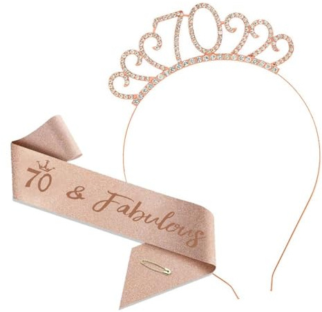 KBSICWO 70. Geburtstag Krone und Schärpe, 70 Geburtstag Frauen Deko, 70 Jahre Jubiläum Mädchen Kopfbedeckung für Mädchen Frauen Geburtstagsgeschenk Partyzubehör (Roségold)