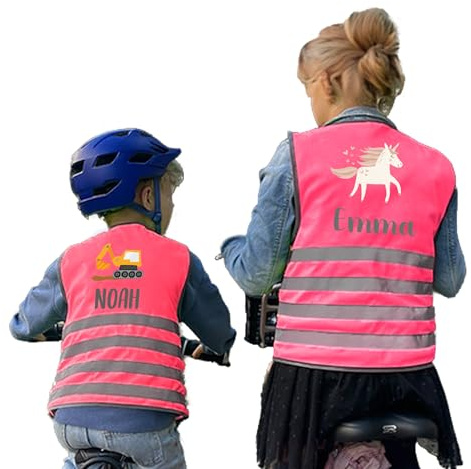 gutmarkiert Sicherheitsweste für Kinder mit Namen - reflektierend Gelb-Pink | Fluoreszierende Warnweste mit reflektierenden Streifen - hohe Sichtbarkeit - Reißverschluss & Tasche - mit/ohne Symbol