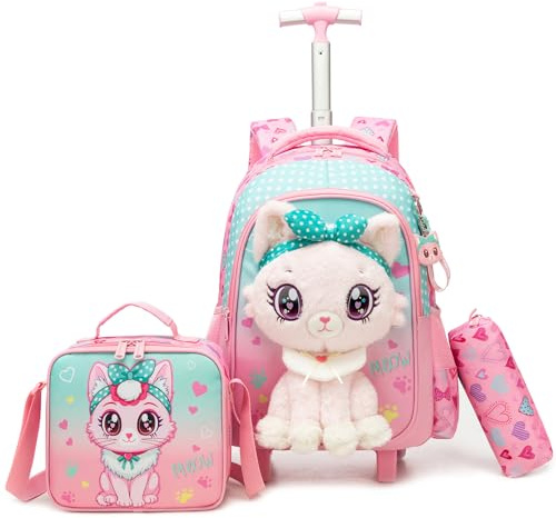 HTgroce Schulrucksack Trolley Mädchen (Süße Katze) – Schulranzen mit Rollen & Kinderkoffer – Schultasche für Grundschule (1. & 2. Klasse) & Reisen