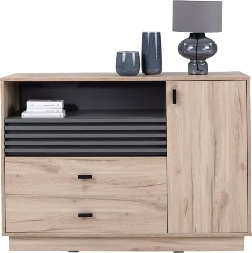 Masseno Kommode Punto 120 cm Sideboard mit 2 Schubladen und 1 Türen für Wohnzimmer Schlafzimmer Modern 120x40x85 cm Eichefarben/Eichefarben
