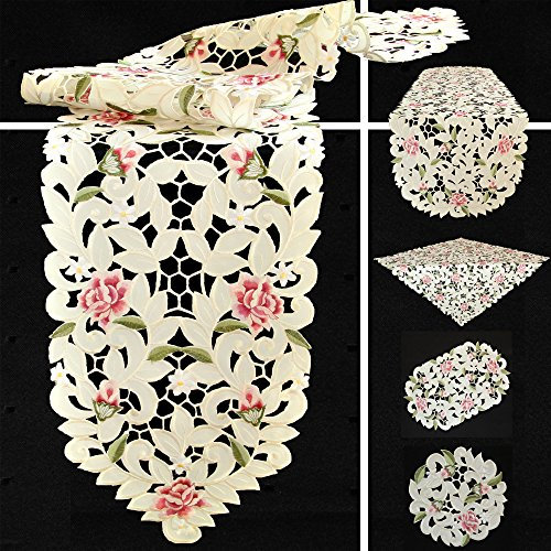 Quinnyshop Rosenblüten Durchbruchsstickerei Tischläufer 40 x 110 cm Oval Polyester, Creme