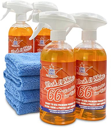 Shinykings 4 x 0,5L Wash&Shine66 California Trockenreiniger, Autowaschen ohne Wasser, Lackpflege Auto waschen ohne Wasser für Innen und Aussen alle Oberflächen Orangen Duft