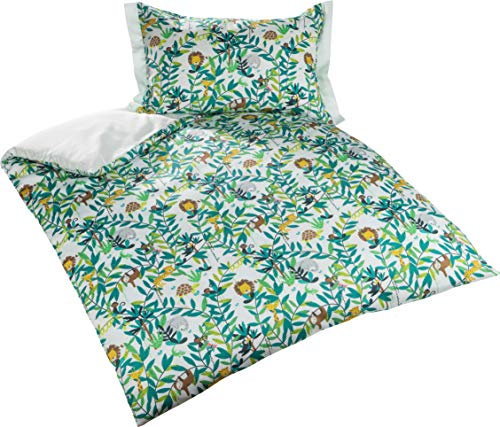 Bettwaesche-mit-Stil Mako Satin Kinderbettwäsche Dschungel Faultier AFFE Löwe (Pastell Grün, 135x200 + 80x80 cm) 100% Baumwolle
