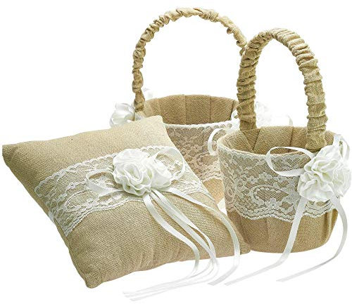 EinsSein 1x Ringkissen Set Jute Flower 20x20 groß + 2X Streukörbchen Hochzeit Traukissen Eheringe Ringe Vintage Trauringkissen Hochzeitskissen Herzen Trauung