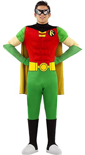 Funidelia Disfraz Oficial de Robin para hombre, Incluye mono, cubrebotas, capa, cinturón, guantes y antifaz, Superhéroes - Traje para adultos para fiestas, Carnaval y Halloween - Talla XL