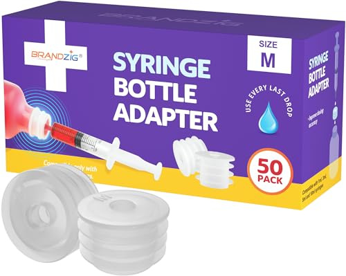 Medizinflaschen-Adapter für Mundspender (28 mm, 50 Stück), Flaschenadapter für Flüssigmedikation, passt nur für Brandzig 1 ml, 3 ml, 5 ml und 10 ml Spritzen